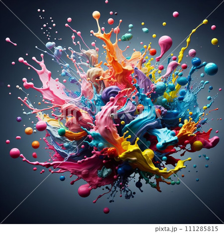 abstract collage of vibrant, dynamic liquid splashes against a dark background 111285815