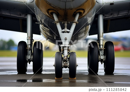 close-up view of the rear dual landing gear of an airplane standing on the ground 111285842