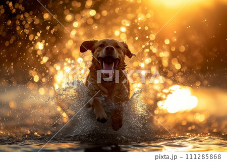 a dog with an open mouth jumps on the water, raising splashes in the sun's rays 111285868