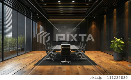 modern interior design office hall with conference table, wooden floor and dark wall background modern interior design office hall with conference table, wooden floor and dark wall background 111285886
