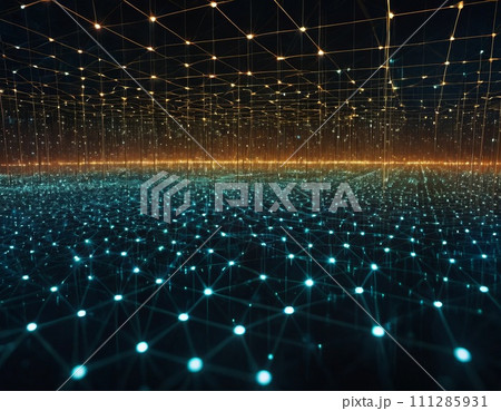 abstract representation of interconnected data nodes, digital matrix, binary code transmission 111285931