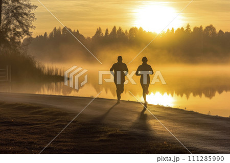AI-generated content. Runners Jogging at Sunrise by Misty Lake 111285990