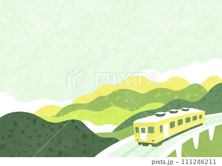 新緑の山々と電車の自然の風景 和風でシンプルな背景イラスト 新緑の山々と電車の自然の風景 和風でシンプルな背景イラスト 111286211