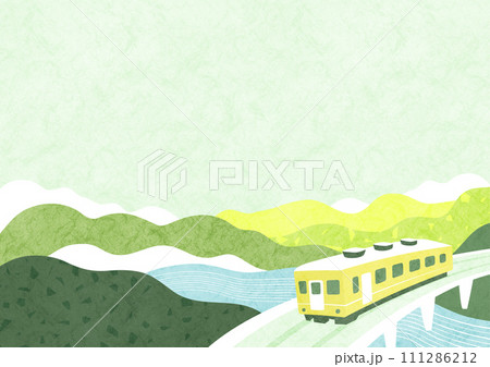 新緑の山々と電車の自然の風景 和風でシンプルな背景イラスト 新緑の山々と電車の自然の風景 和風でシンプルな背景イラスト 111286212