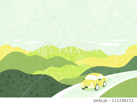 新緑の自然を車でドライブする風景 和風でシンプルな背景イラスト 111286213
