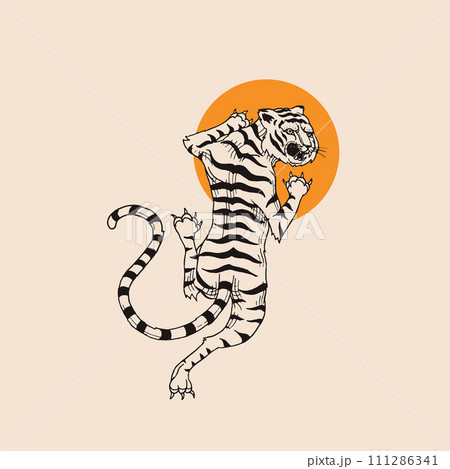 Japanese tiger against the background of the sun. Asian Wild animal. Banner or poster for Japanese tiger against the background of the sun. Asian Wild animal. Banner or poster for 111286341
