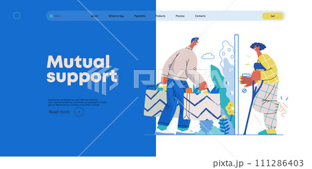 Mutual Support Buying groceries for ill neighbor -modern flat vector concept illustration of man carrying shopping bags for woman on crutches Metaphor of voluntary, collaborative exchanges of services 111286403