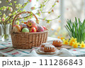 AI-generated content. Easter composition. Easter eggs, cake and flowers on the table. AI-generated content. Easter composition. Easter eggs, cake and flowers on the table. 111286843