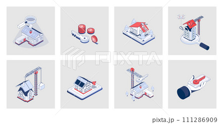 Real estate concept of isometric icons in 3d isometry design for web. House property buying, searching new home, apartment rent, building residential houses, mortgage for customer. Vector illustration Real estate concept of isometric icons in 3d isometry design for web. House property buying, searching new home, apartment rent, building residential houses, mortgage for customer. Vector illustration 111286909