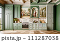 AI-generated content. Kitchen interior design. Classical Elegance: A Luxurious Kitchen with Artistic Murals 111287038