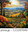 AI-generated content. Sunset Splendor: A Stained Glass Vision of a Pastoral Landscape 111287040