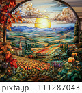 AI-generated content. Harvest Window: A Stained Glass Countryside at Sunset 111287043