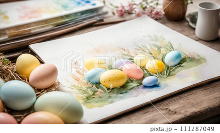 AI-generated content. Easter Artistry - Watercolor Eggs and Spring Blooms 111287049