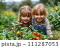 AI-generated content. Garden Joy - Sisters Sharing a Moment in the Tomato Patch 111287053