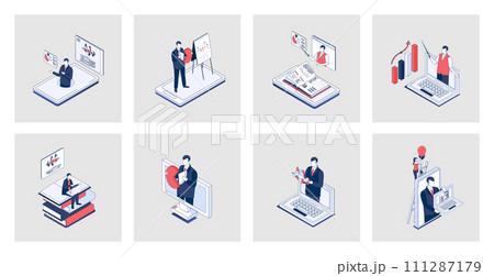 Business training concept of isometric icons in 3d isometry design for web. Professional conference for skills development, job coaching and consulting lectures, video seminars. Vector illustration 111287179