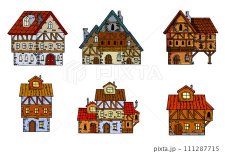 Medieval house. Village building. Old house with chimney. Sketch image of vintage european street. Cartoon retro illustration 111287715
