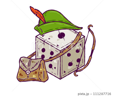 Dice d6 for playing tabletop board game. Cartoon outline drawn illustration. Fantasy art sticker, adventure boardgame, roleplaying decoration. Archer and bow 111287716