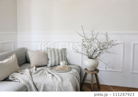 Modern spring scandinavian living room interior. Sofa with linen pale blue striped cushions and cup of coffee. Cherry plum blossoms in vase. Elegant stylish minimal home decor. Easter breakfast. 111287923