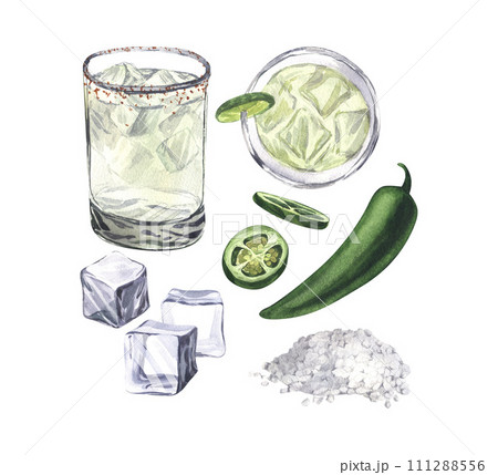 Summer cocktail set, spicy lime margarita in a short glass and salt, ice, jalapeno. Watercolor hand-drawn illustration isolated on white background. Perfect for recipe alcoholic lists with drinks 111288556
