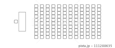 Auditorium seating plan top view. Schema of seats in classroom, lectorium, meeting, conference, training, seminar, business event. Desk and chairs icons. Furniture symbols 111288635