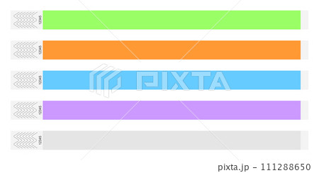 Event bracelet mockups. Admission wristbands for concert, festival, cinema, party, hotel, hospital entrance isolated on white background. Patient identification handbands 111288650