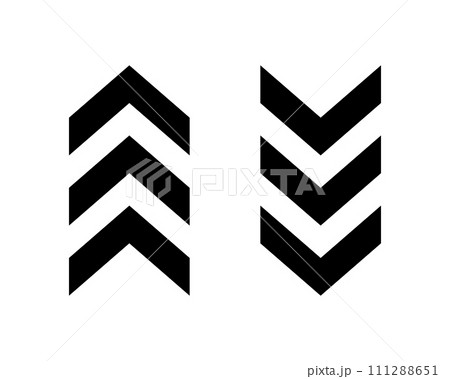 Black up and down chevron arrows. Ornament with repeated V shaped stripes. Road caution, military, navigation signs isolated on white background. Vector flat illustration Black up and down chevron arrows. Ornament with repeated V shaped stripes. Road caution, military, navigation signs isolated on white background. Vector flat illustration 111288651