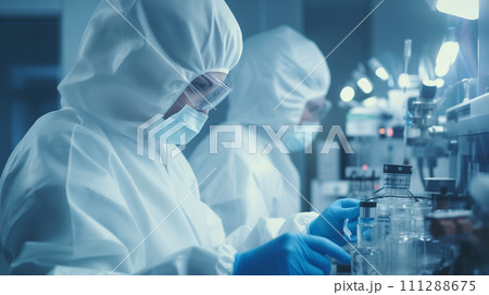 Two scientists in personal protective equipment meticulously perform experiments in a modern laboratory setting. 111288675