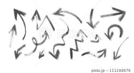 Collection of vector grunge halftone textured black arrows. Unique artistic curve half tone texture brush stroking arrow collection for graphic design, decoration, patterns, logo 111288676