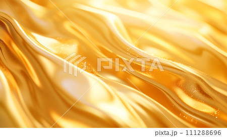 Close-up of swirling golden liquid with shimmering sparkles, creating a luxurious and elegant abstract background. 111288696
