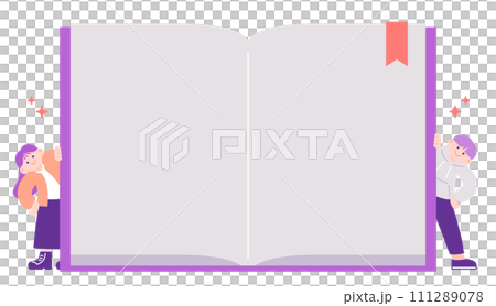 Bookmarked double-page notebook and flat person illustration 111289078