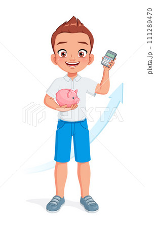 Little school boy with piggy bank and calculator. Smart kid saving money for future. Isolated vector illustration. Little school boy with piggy bank and calculator. Smart kid saving money for future. Isolated vector illustration. 111289470