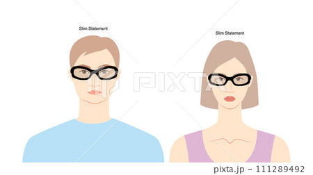 Slim Statement frame glasses on women and men flat character fashion accessory illustration. Sunglass front view unisex 111289492