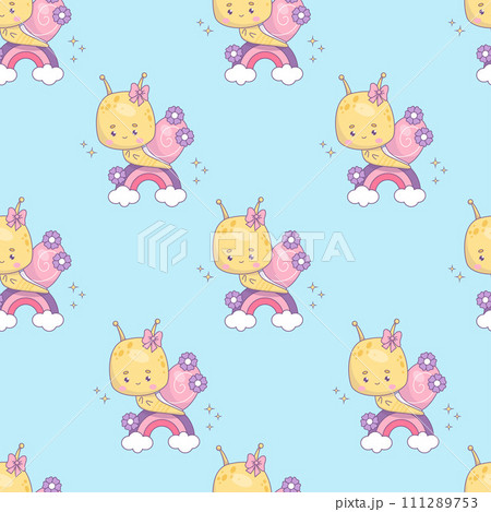 Seamless pattern with cute snail girl character. Funny kawaii insect on rainbow on blue background with clouds. Vector illustration in trendy retro style. Kids collection 111289753