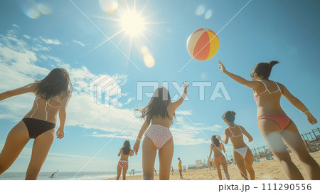 AI画像生成　浜辺で遊ぶ水着姿の若い女性たち 111290556