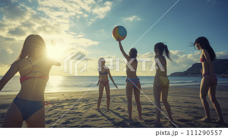 AI画像生成 浜辺で遊ぶ水着姿の若い女性たち AI画像生成 浜辺で遊ぶ水着姿の若い女性たち 111290557