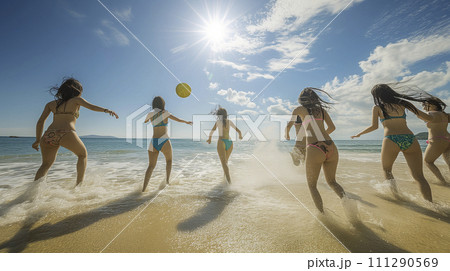 AI画像生成　浜辺で遊ぶ水着姿の若い女性たち 111290569