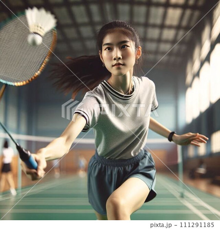 バドミントンをする女性 111291185