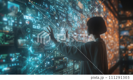 フォログラフィックインターフェイスを操作する人「AI生成画像」 フォログラフィックインターフェイスを操作する人「AI生成画像」 111291303