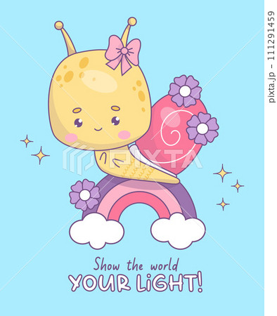 Cute groovy snail character. Funny insect kawaii on rainbow in retro style. Trendy vector illustration. Cool poster with slogan in 70s style Cute groovy snail character. Funny insect kawaii on rainbow in retro style. Trendy vector illustration. Cool poster with slogan in 70s style 111291459