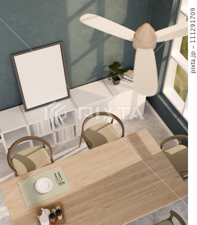 Top view of a modern minimal home dining room with a minimal wooden dining table and decor. 111291709
