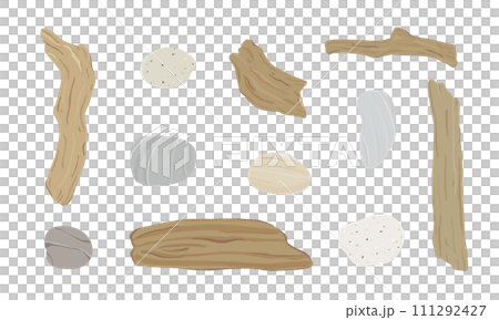 Set of driftwood and natural stones illustration. 111292427