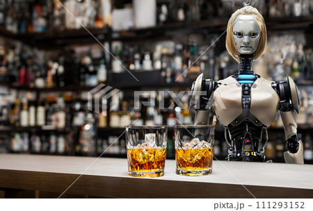 ウィスキー　AI生成画像　バー　カウンター　酒　グラス　バーボン　スコッチ　蒸留酒 111293152
