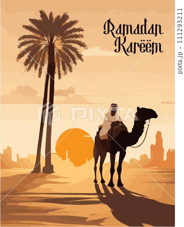An Arab man in traditional clothing rides a camel across the vast desert landscape An Arab man in traditional clothing rides a camel across the vast desert landscape 111293211