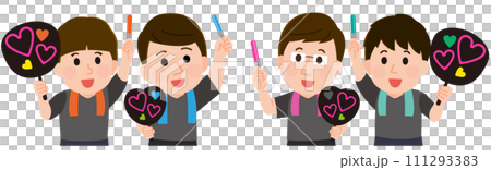 Men who look like they're having fun at a concert, illustration on both sides 111293383