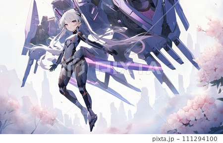 【メカ】Mechanical girl　メカ少女と桜　イラスト素材　（AI生成画像） 111294100