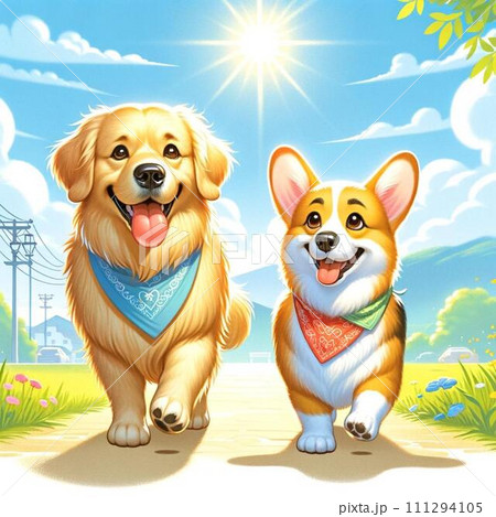 喜び溢れる2匹の犬が散歩するイラスト 111294105