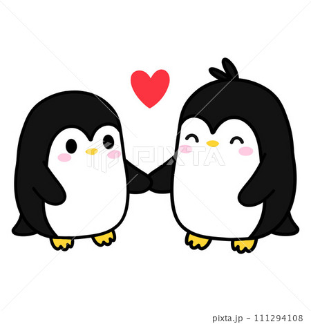 Penguin couple holding hands in love, Hand Drawn, and Cartoon  Illustration. 111294108