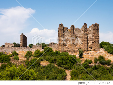 Ruins of Nymphaeum and Bazilika of ancient city Aspendos. Turkey 111294252