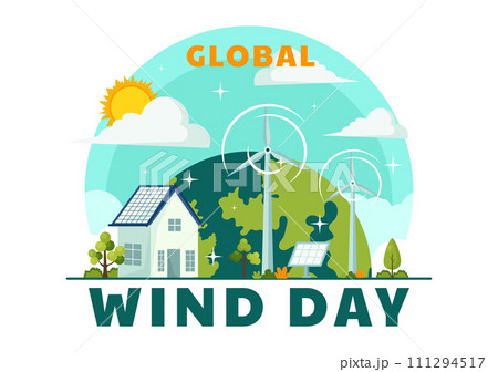 Global Wind Day Vector Illustration on June 15 with Earth Globe and Winds Turbines for Power and Energy Systems on Blue Sky in Flat Cartoon Background 111294517