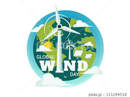 Global Wind Day Vector Illustration on June 15 with Earth Globe and Winds Turbines for Power and Energy Systems on Blue Sky in Flat Cartoon Background 111294518